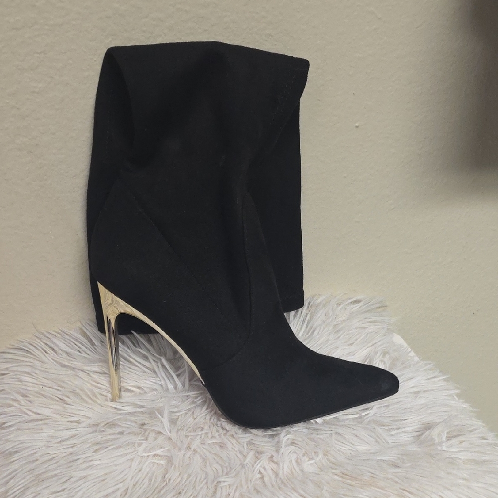 bebe Black Boots with Gold Heel